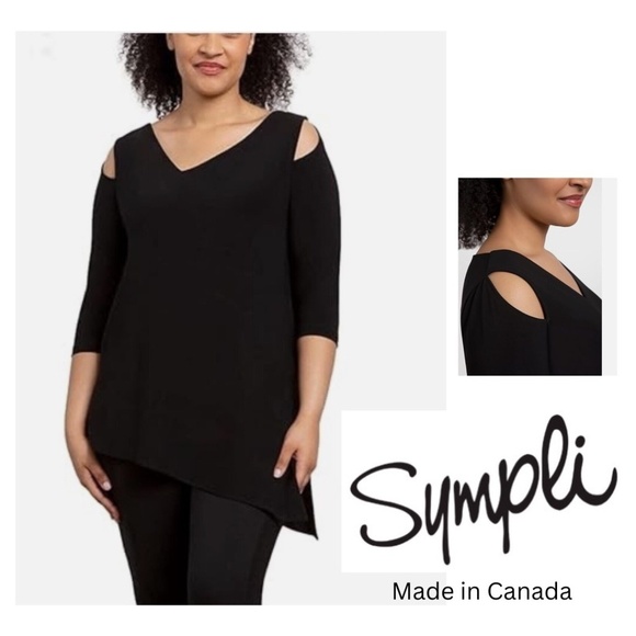 Sympli Nu Focus Asymmetric Hem Cut Out Shoulder 3/4 Sleeve Tunic Size 10 Black - Picture 1 of 17